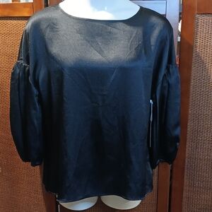 Worthington Black Puff Sleeve Blouse Relaxed Fit